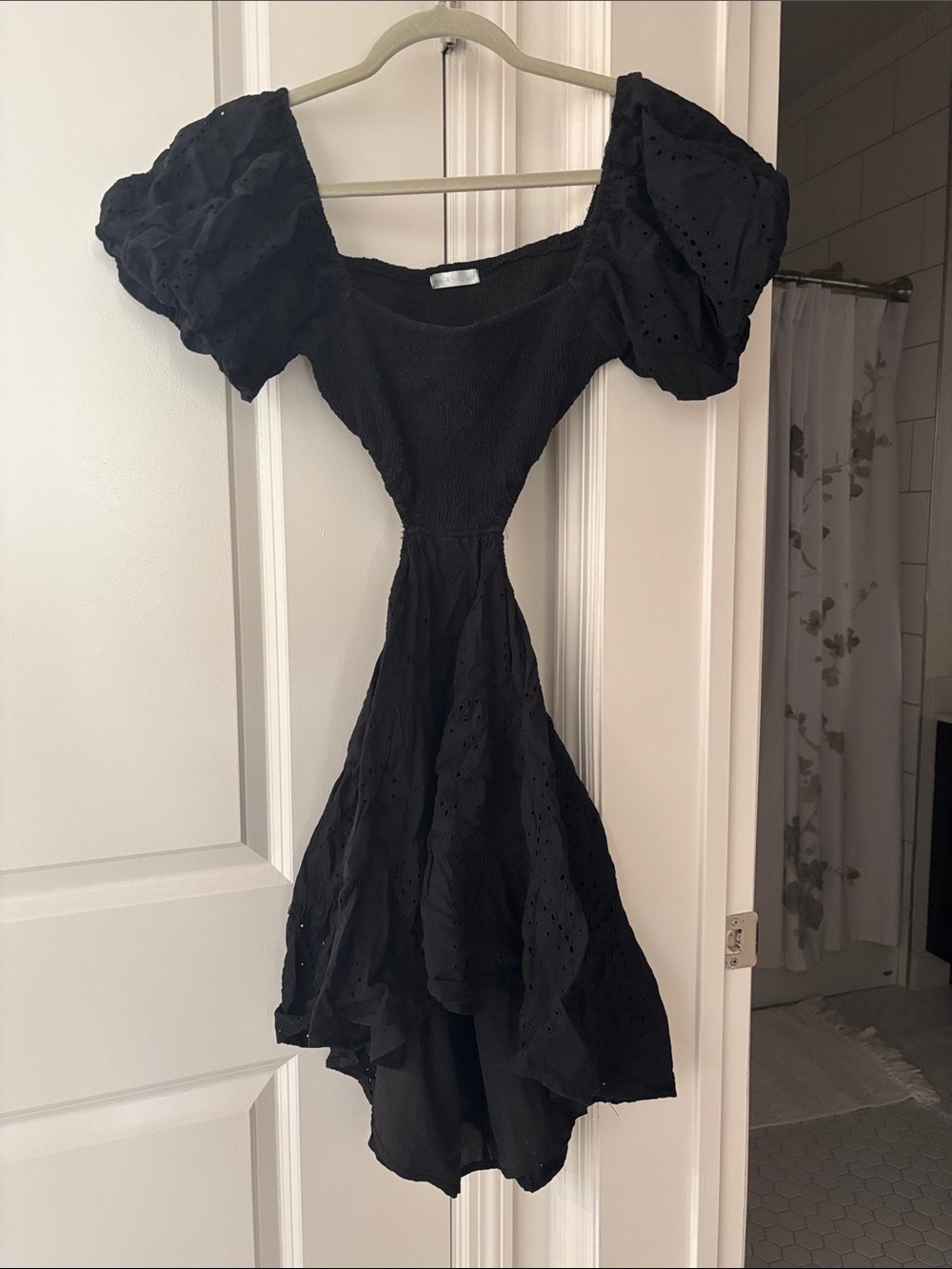 Smocked Puff-Sleeve Black Eyelet Mini Dress